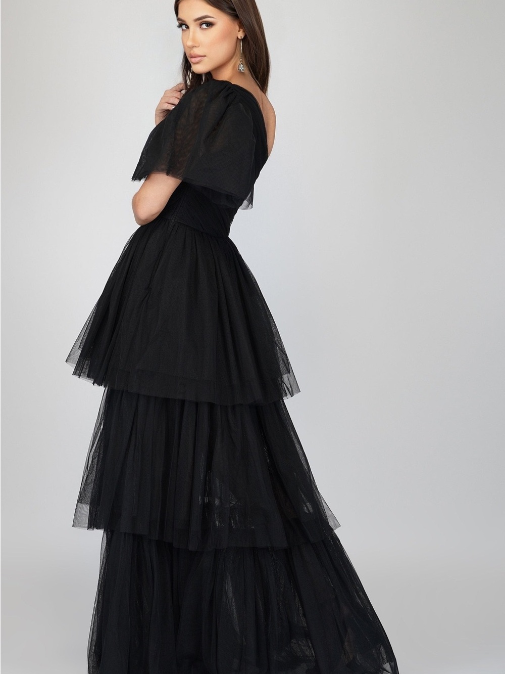 Asymmetric One-Shoulder Black Tulle Tiered Evening Dress Formal Goth Gown Glam - Picture 8 of 8